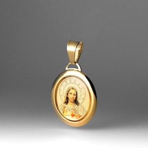 Dije colgante con placa de esmalte de corazón de Jesús en oro de 14 quilates - Dije de collar con retrato de Jesús en oro auténtico