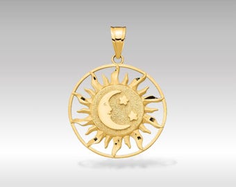 14K Gold Sun Moon Stars Charm Necklace: Diamond-Cut Celestial Jewelry