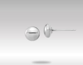May include: A pair of polished silver stud earrings. Each earring has a rounded, domed front and a straight post for insertion. The earrings are displayed against a soft, neutral background, highlighting their reflective surface and simple design.