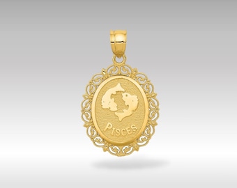 14K Gold Pisces Anhänger Halskette: Verzierter Sternzeichen Charm