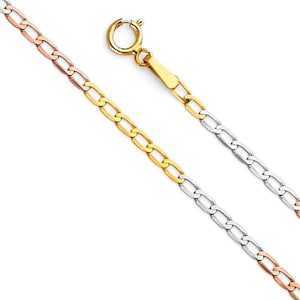 May include: A tricolor chain necklace with a lobster clasp. The chain is composed of alternating sections of rose gold, yellow gold, and silver-toned links. The necklace is displayed against a white background.