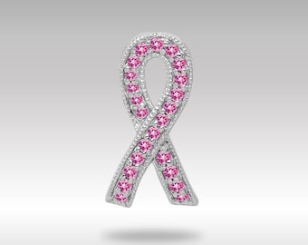 14K White Gold Pink Sapphire Awareness Ribbon - Support Ribbon Pendant with Pink Stones - Breast Cancer Awareness Jewelry