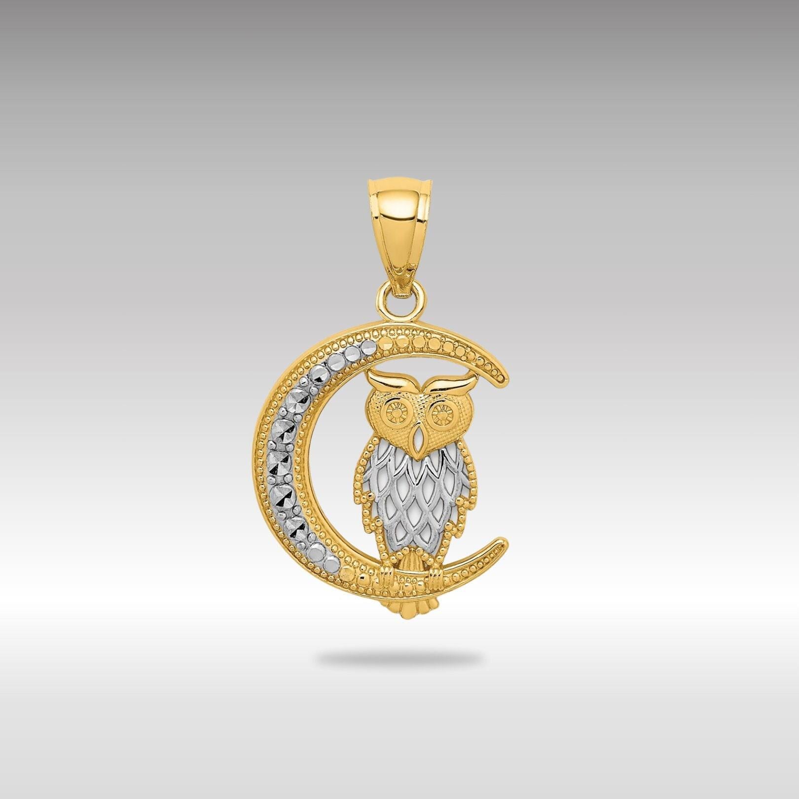 14K Gold Owl on Moon Pendant: Diamond-Cut Celestial Charm