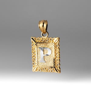 Ciondolo/ciondolo quadrato con iniziale &quot;P&quot; in oro 14k - Collana con catena con iniziale P in oro