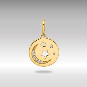 14K Gold CZ Moon and Stars Disc Pendant Necklace - Celestial Jewelry - Sparkling Cubic Zirconia Night Sky Charm - Gold Celestial Necklace