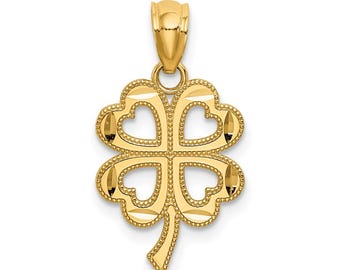14K Gold Four Leaf Clover Pendant - Lucky Heart Clover Charm - Fine Real Gold Good Luck Necklace