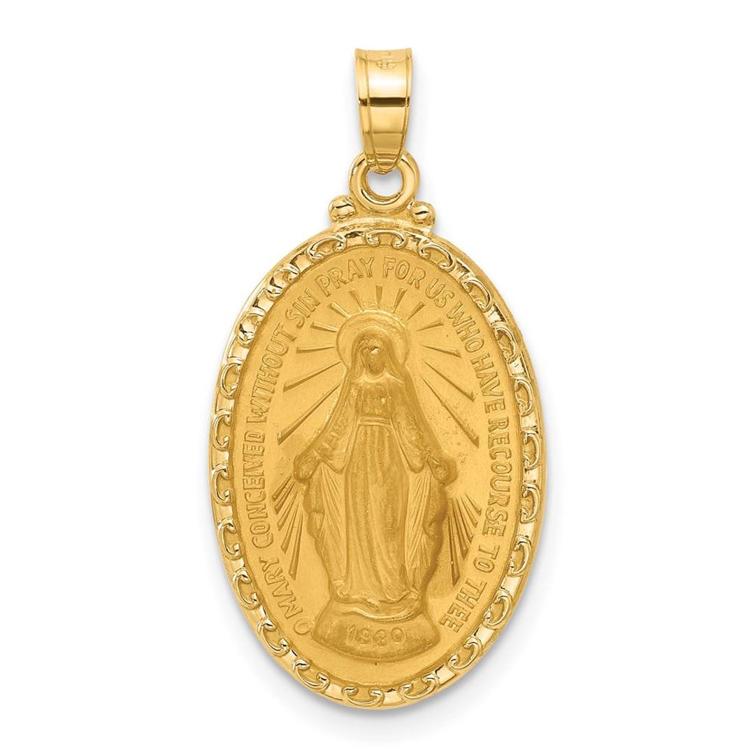 14K Gold Miraculous Medal - Satin and Polished Oval Virgin Mary Pendant ...