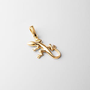 May include: A gold-colored pendant in the shape of a lizard.