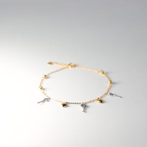14K Gold Heart Key Bracelet- Gold Hanging Lock Key Charms Bracelet- Gold Key Bracelet
