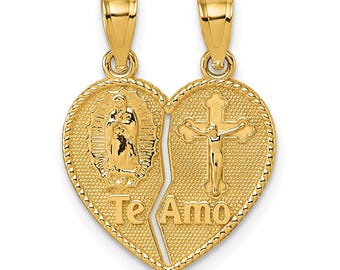 14k polerad spansk Te Amo Our Lady of Guadalupe och krucifix hjärthänge
