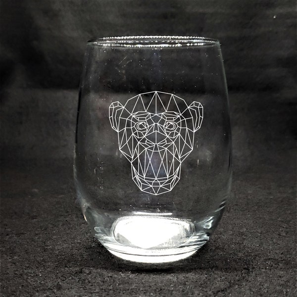 Geometric Monkey Chimpanzee Etched Whiskey Glass, Stemless Wine Glass, Pint Glass, and Beer Mug.  A Perfect Gift for Chimp Lovers!