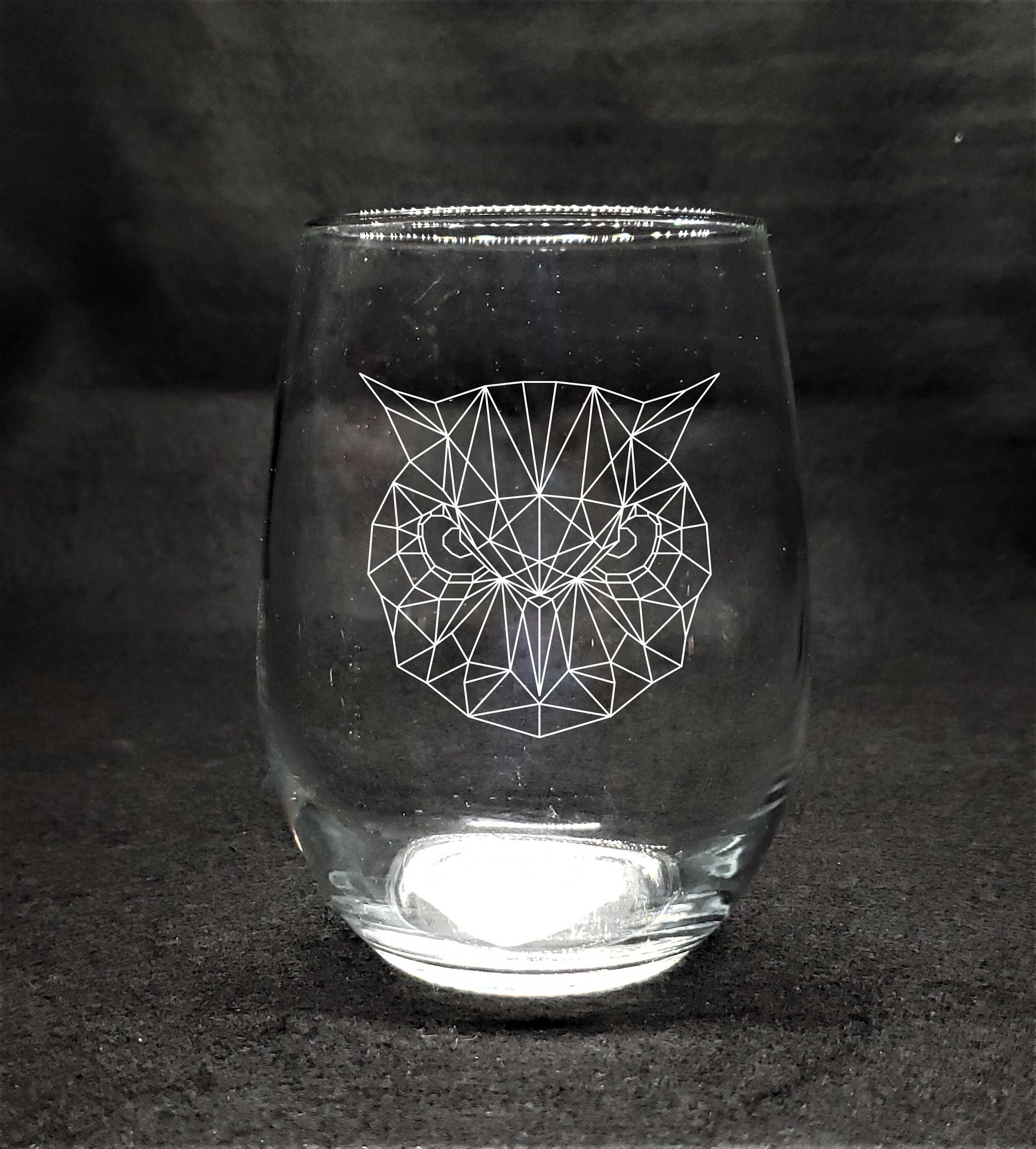 Owl Cat Stemless Wine Glass - etched glassware in 2023