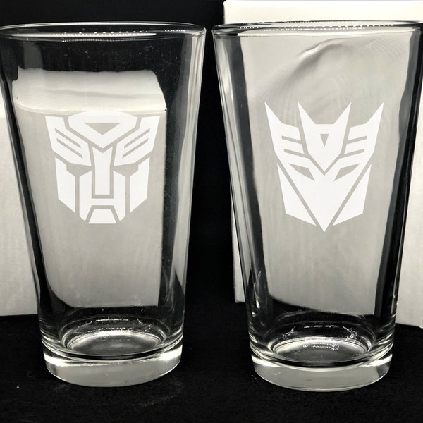 Transformers Inspired Autobots and Decepticon Shot Glass, Whiskey Glass, Pint Glass, Mug, Stemless Wineglass.