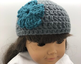 Gray Beanie with Teal Flower for 18 inch doll