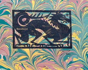 OOAK Linocut Print: Dragon on Ferns Hand-Marble