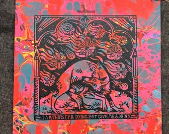 OOAK Linocut Print: Star Wolf on Artery Hand-Marble