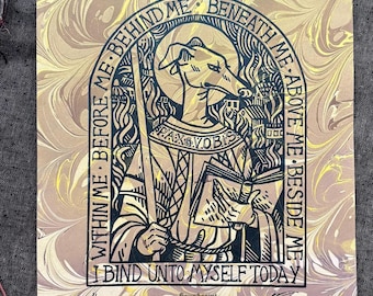 OOAK Linocut Print: Breastplate on Parchment Waves Hand-Marble