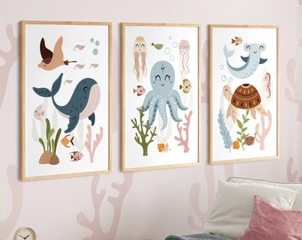 SEA ANIMALS Wall Art Set of 3, Nursery Prints, Under the Sea, Nursery Decor, Ocean Animals Decor, Scandinavian prints, Baby Shower Gift
