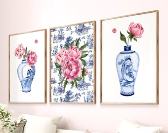 CHINOISERIE Wall Art, Set of 3 Prints, Watercolor Pink Peony Art, GINGER JARS, Blue & White Oriental Vase, Chinoiserie Decor, Botanical Art