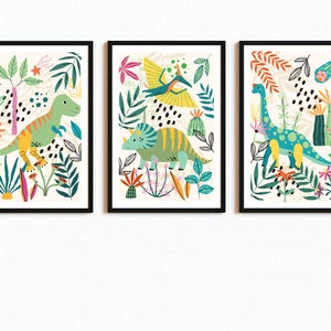 DINOSAUR WALL ART, Set of 3, Colorful Dino Decor, Dinosaur Art Prints ...
