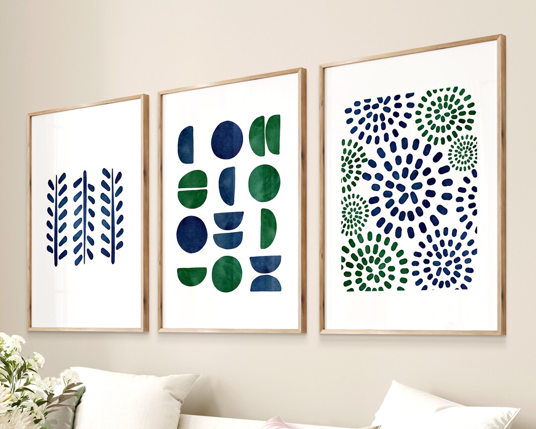 NAVY BLUE & GREEN Watercolor Wall Art, Set of 3 Prints, Abstract Art ...