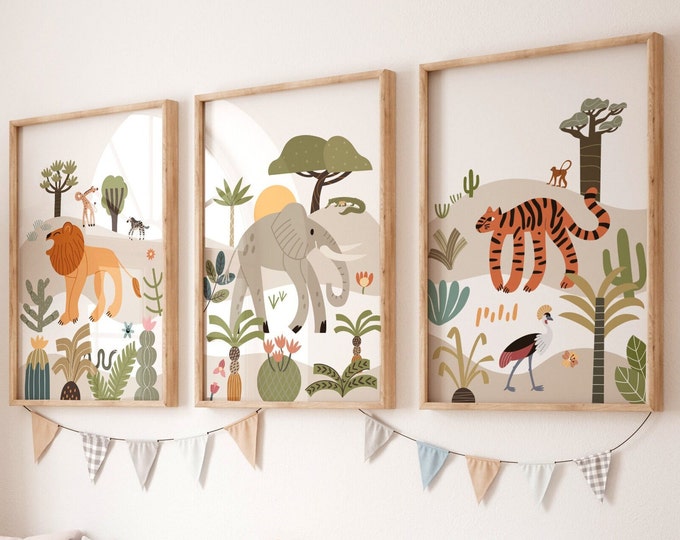 SAFARI NURSERY Wall Prints Set of 3, Boho NURSERY Prints, Jungle ...