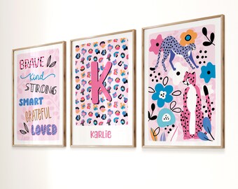 CHEETAH WALL ART prints, Set of 3, Affirmations, Colorful Cheetah Print Decor, Leopard Art, Nursery art, Floral Art, Boho Art, Girls Room