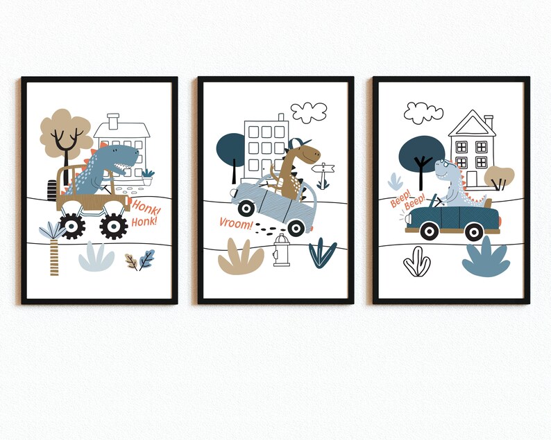 DINOSAURS in CARS Wall Art Set of 3 Boys Room Dino Decor Etsy