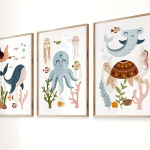 SEA ANIMALS Wall Art Set of 3, Nursery Prints, Under the Sea, Nursery ...