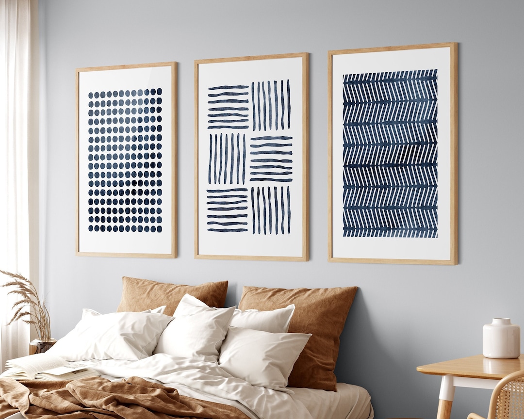 ABSTRACT WALL ART Prints Set of 3, Boho Wall Decor, Navy Blue Color