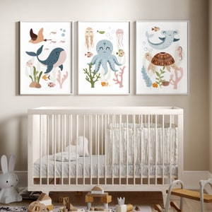 SEA ANIMALS Wall Art Set of 3, Nursery Prints, Under the Sea, Nursery ...
