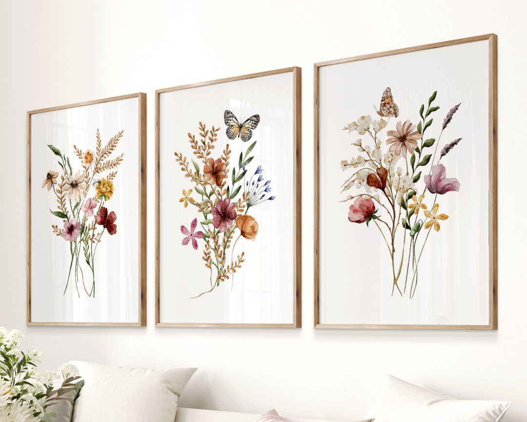 WATERCOLOR WILDFLOWER BOUQUETS, Set of 3 Prints, Watercolor Wall Art ...