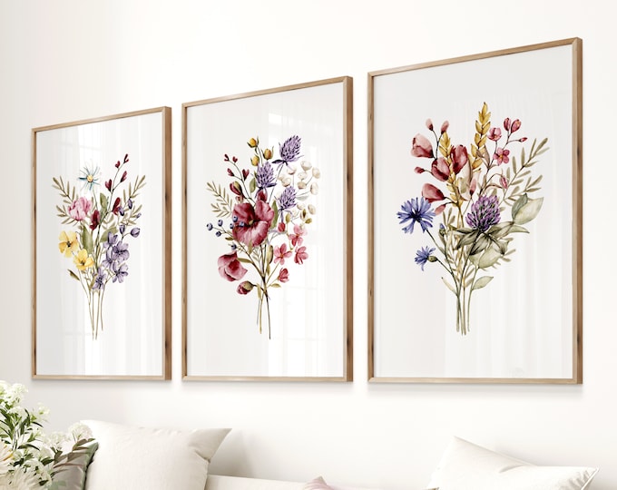 WATERCOLOR WILDFLOWER BOUQUETS, Set of 3 Prints, Watercolor Wall Art ...