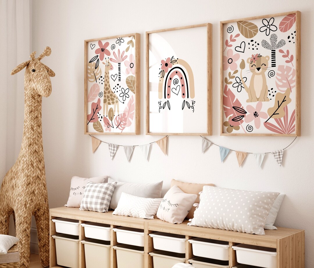 SAFARI NURSERY Wall Prints Set of 3, Pink Boho NURSERY Prints, Girls ...
