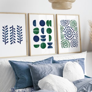 NAVY BLUE & GREEN Watercolor Wall Art, Set of 3 Prints, Abstract Art ...