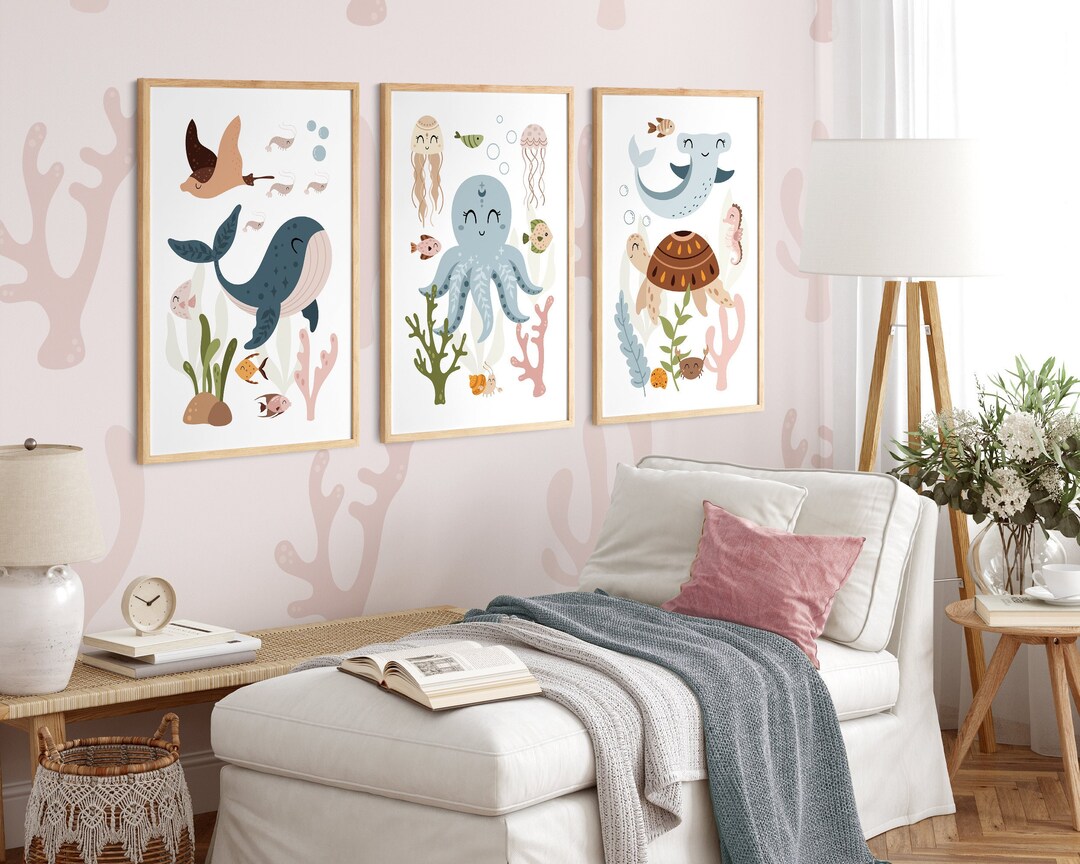 SEA ANIMALS Wall Art Set of 3, Nursery Prints, Under the Sea, Nursery ...