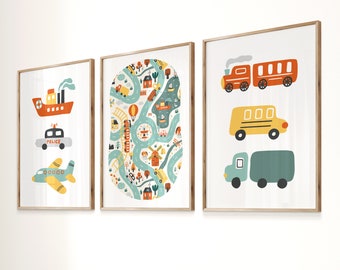 CARS WALL ART set of 3, Nursery Decor, Transportation wall art, Boy Room Decor, Boy nursery wall art, Car Nursery Prints, Boys room Prints