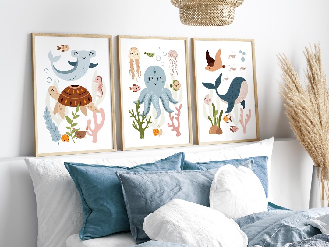 SEA ANIMALS Wall Art Set of 3, Nursery Prints, Under the Sea, Nursery ...
