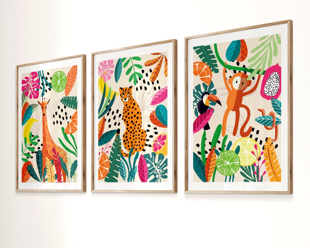 SAFARI WALL ART Prints, Set of 3, Safari Animals Art, Colorful Safari