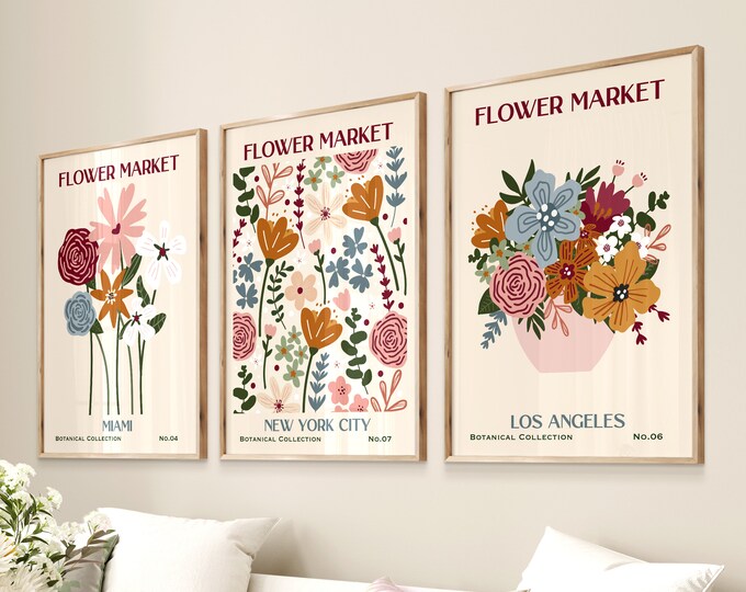FLOWER MARKET Wall Art, Set of 3 Prints, BOTANICAL Prints, Floral ...