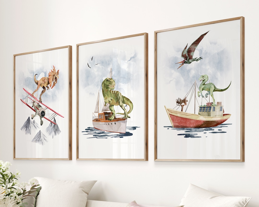 DINOSAUR WALL ART, Set of 3, Boys Room Dino Decor, Dinosaur Art Prints ...