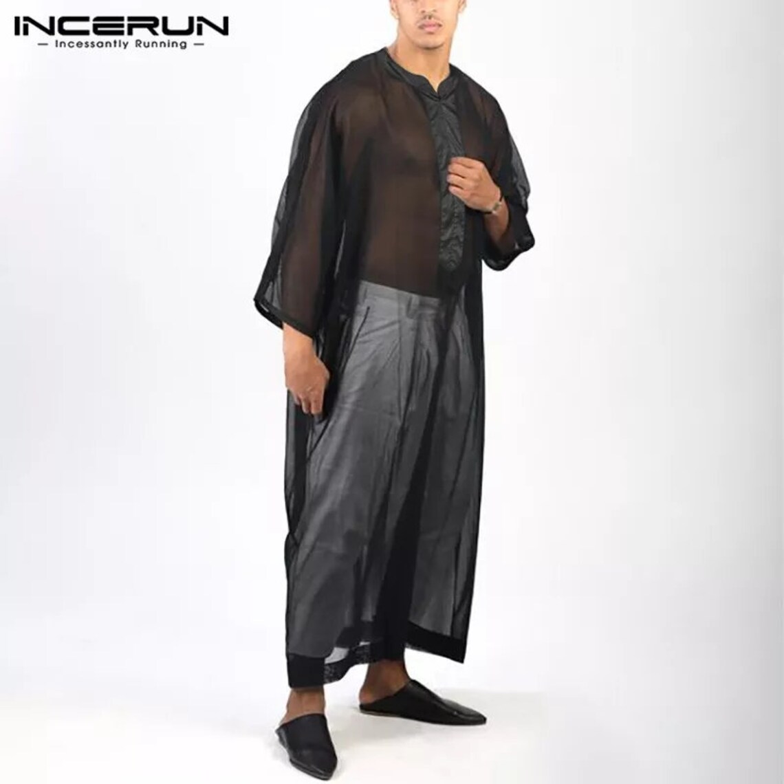 Men Mesh Robes Muslim Jubba Thobe 3/4 Sleeve V Neck Patchwork Etsy
