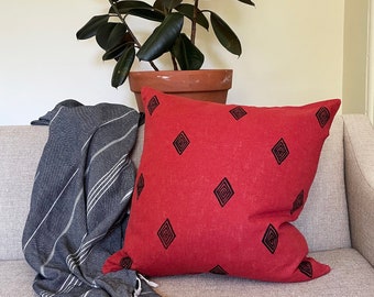 Throw pillow cover with geometric pattern - hand block printed design -home decor pillowcase - red & gray