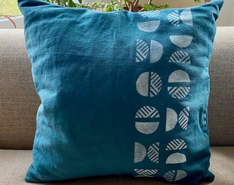 Hand Block Printed 20" x 20" Linen Pillow Cover - Hand Sewn Home Decor Pillowcase Teal Circle Geometric Design Square