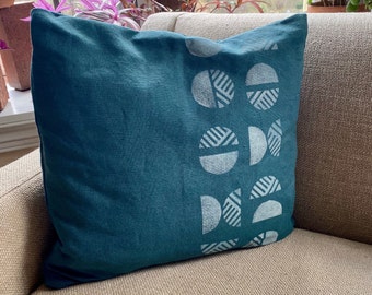 Hand Block Printed 16" x 16" Linen Pillow Cover - Hand Sewn Home Decor Pillowcase Teal Circle Geometric Design Square