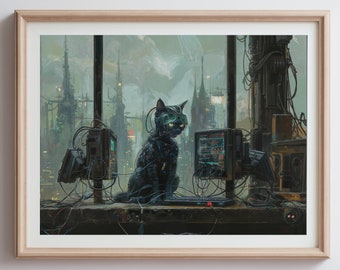 Cyberpunk Cat Hacker with Cyberware Painting Print | Poster | Art Print | Sci-Fi Cyberpunk Wall Decor