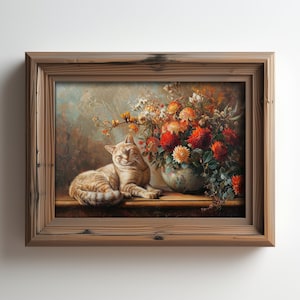 Ginger Cat in Floral Bouquet - Printable Digital Download, Vibrant Wall Art Decor