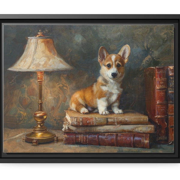 Classic Corgi on Books Framed Canvas Art -, Vintage Library Decor, Sustainable Wood, Cotton-Polyester, Wall Art, Living Room Art