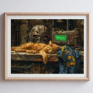 Wasteland Cat Dreams - Fallout Inspired Oil Painting Poster - Pip-Boy Kitty | Poster | Art Print | Retro Sci-Fi Decor