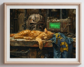 Wasteland Cat Dreams - Fallout Inspired Oil Painting Poster - Pip-Boy Kitty | Poster | Art Print | Retro Sci-Fi Decor